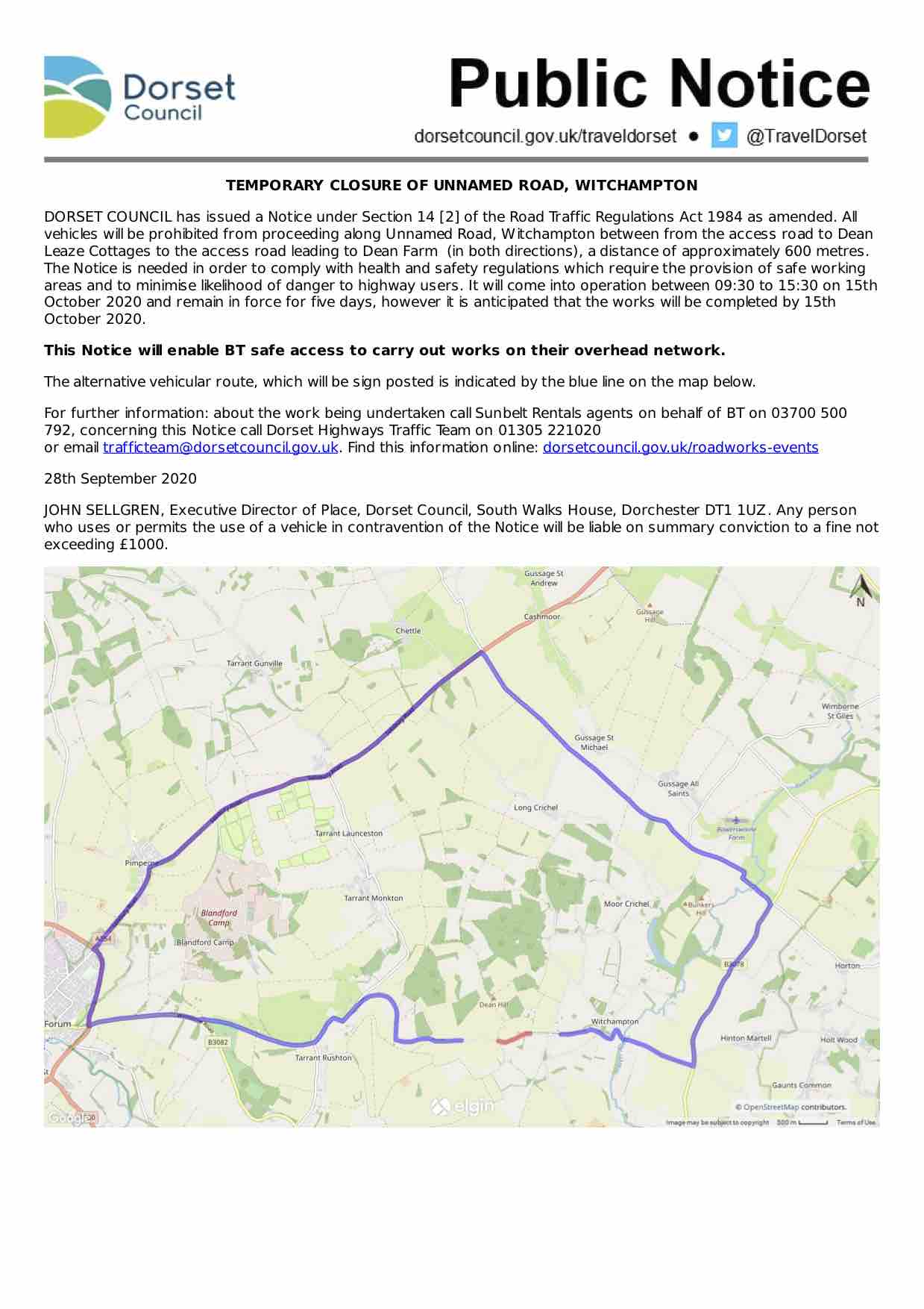 Image of the notice including a map show diversions