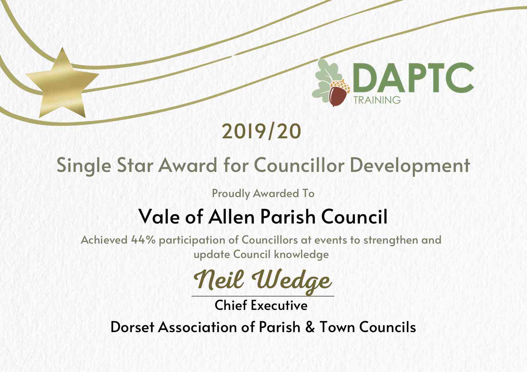Image copy of certificate showing "Single Star Aware for Councillor Development"