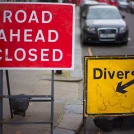 Image of road closed and diversion signs